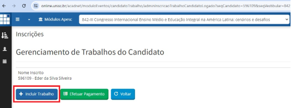 Botão + Incluir Trabalho